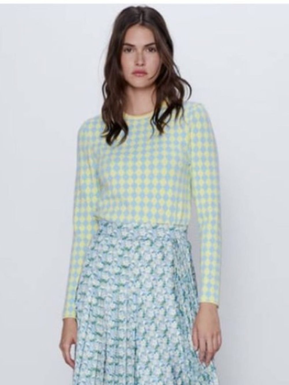 Zara Diamond Harlequin Print Long Sleeve Top